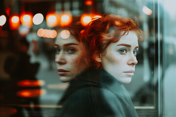 Femme rousse se reflétant  à l'envers dans une vitrine, concept de passé et avenir - obrazy, fototapety, plakaty