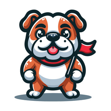 Cute cartoon bulldog puppy holding red flag mascot character design vector, logo template isolated on white background
