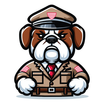 Cute cartoon bulldog puppy in policeman uniform, security mascot character design vector, logo template isolated on white background