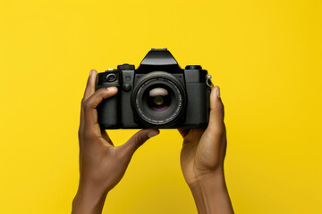 Hands holding a vintage camera against a vivid yellow backdrop.