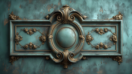 Vintage baroque wall (for the door) decoration, against turquoise wall (door), old shabby paint, tarnished from time gilding - obrazy, fototapety, plakaty