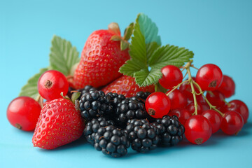  Red and black currants with strawberries on a blue background