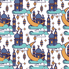 Seamless pattern with mosque, moon and clouds. Ramadan Kareem background.