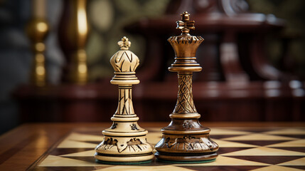 Create an image showcasing a king amd queen on an elegant old world chessboard created with Generative Ai