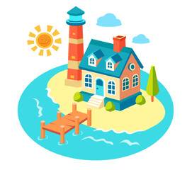 Flat light illustration of seashore with lighthouse and house, cottage. Pier and sea, fisherman's cottage on white background. Vector isolated illustration for postcards and books. 
