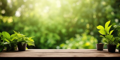 Green garden view through blurry window on empty wooden table for product display or design layout.