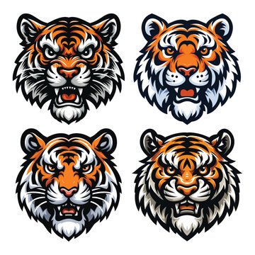 set of wild animal tiger head face mascot design vector illustration, logo template isolated on white background