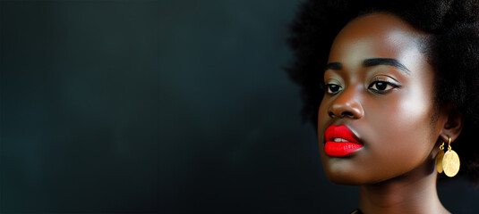 Portrait of young African American woman in seductive make-up. beautiful woman with red lips, big eyes with large earrings on a color background - obrazy, fototapety, plakaty