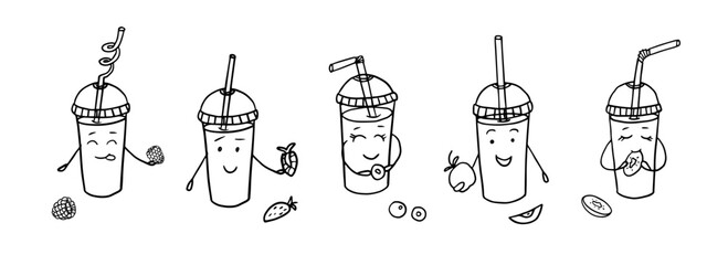 Cute set of summer drinks with happy faces in doodle style. Collection of cocktails, smoothies, non-alcoholic drinks with fruits. Great for menu design, packaging or advertising. Hand drawn