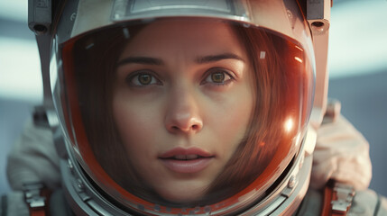 Fototapeta premium A close-up portrait of a female cosmonaut in a protective suit. An expedition to the moon or another planet in the solar system. The concept of open space exploration