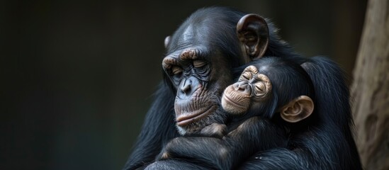 Charming photo of a Chimpanzee cuddling its young. - obrazy, fototapety, plakaty