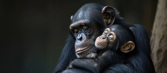 Fotobehang Charming photo of a Chimpanzee cuddling its young. © AkuAku
