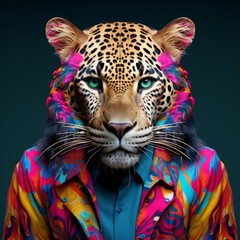 anthropomorphic leopard colorfull, photorealistic created with Generative Ai