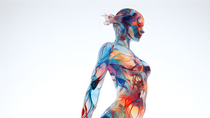 Fototapeta na wymiar Human body figure silhouette formed of veins and energy. Colored complex flow of energy through body, on simple blank background. 