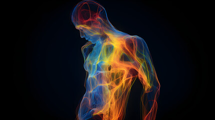 Human body figure silhouette formed of veins and energy. Colored complex flow of energy through body, on simple blank background. 