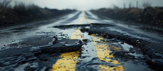 Environmentally harmful oil spill on road symbolizing pollution, spills and environmental issues. - obrazy, fototapety, plakaty