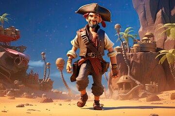 Cheerful pirate standing on a desert island with shipwreck in the background.