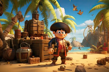 Animated young pirate with a treasure chest on a tropical island.