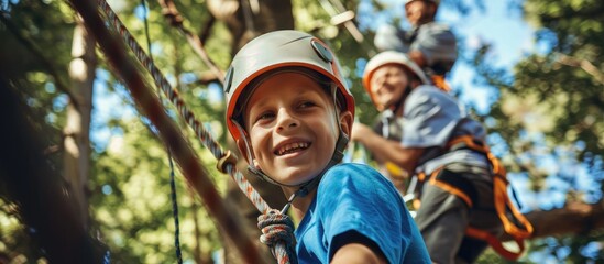 Father and son climbing together at adventure park. - Powered by Adobe