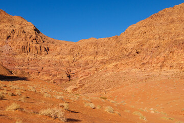 Fototapeta premium Trekking Tour im Wadi Rum eine geschützte Wüstenwildnis im südlichen Jordanien. Sie verfügt über beeindruckende Sandsteinberge, Sanddünen und Felsbögen.