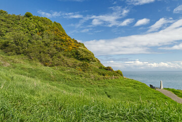 Aussichtspunkt mit Steinmal am Gobbins Cliff in Nord Irland