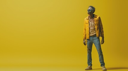 Fototapeta premium A solitary figure in a zombie costume against a stark yellow background, evoking themes of horror, apocalypse, and the surreal.