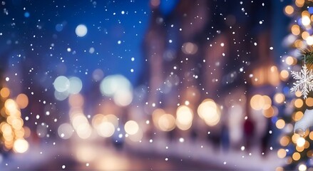 Fototapeta na wymiar Blurred bokeh lights and falling snow during winter night