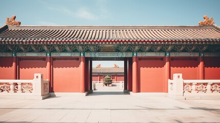 Naklejka premium The traditional architecture of a Chinese gateway exudes elegance with its detailed carvings and vibrant red and blue colors, representing a rich cultural heritage under a clear blue sky.