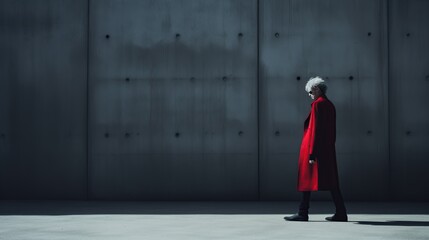 A figure with striking white hair and a vibrant red coat walks along a shadowed pathway, exuding a sense of mystery and contemplation against a monochromatic background.