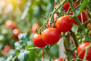 Fototapeta premium Tomato plants growing in greenhouse. Fresh bunch of red natural tomatoes in organic vegetable garden. 