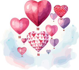 Hot Air Balloon in Heart Shape, Hand Drawn Watercolor Illustration for Valentine's Day Card, Isolated on White Background, Romantic Flight Concept. AI generated illustration.