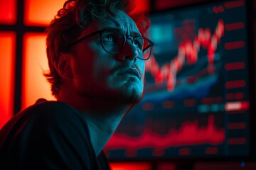 A nerd man crying with Bitcoin red trading graph monitor background.
