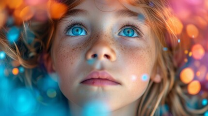 Close-up of a child's inquisitive eye looking through colorful floating question marks, symbolizing curiosity and learning