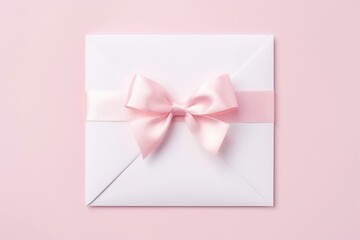 White envelope with pink ribbon isolated on light pink background. View from above. Gift card for newborn. Birthday. Valentines day.