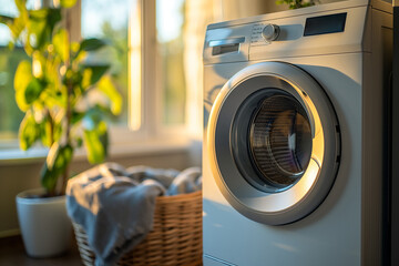 washing machine and basket with clean and dirty things, house cleaning - obrazy, fototapety, plakaty