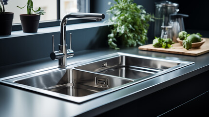 Metal kitchen sink and faucet in kitchen
