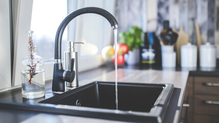 Metal kitchen sink and faucet in kitchen