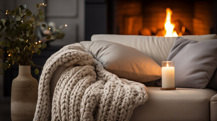 a couch with knitted blankets sitting next to a fireplace with candles