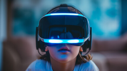 A kid about 8 or 9 years old wearing virtual reality goggles