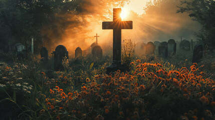 Aging cross surrounded in cemetery to the twilight - obrazy, fototapety, plakaty