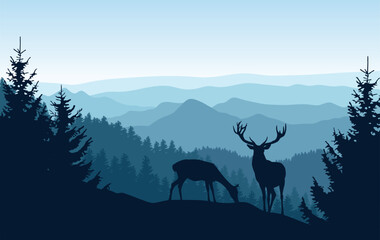 Vector blue landscape with silhouettes of misty mountains, forests and deer