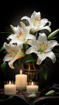 Beautiful white lilies and burning candles on a mourning black background with space for text