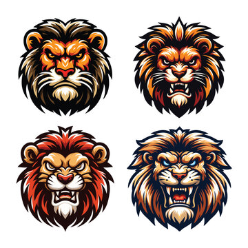 Set of Lion Head Roaring Logo mascot vector illustration, emblem design isolated on white background