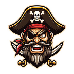 Obraz na płótnie Canvas Angry pirate head face with hat and eye patch mascot design vector illustration, logo template isolated on white background