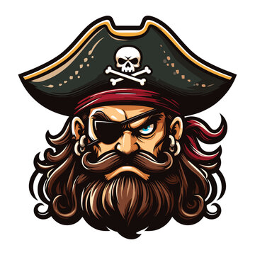 Angry pirate head face with hat and eye patch mascot design vector illustration, logo template isolated on white background