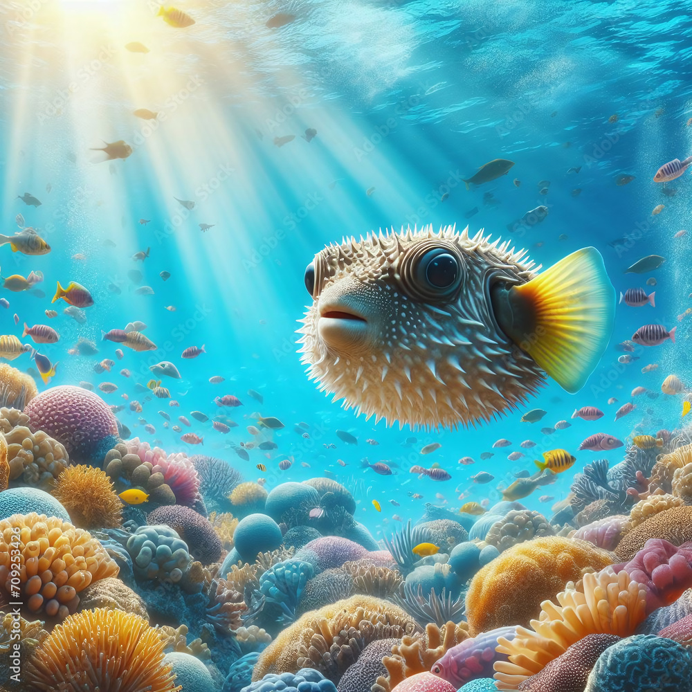 Poster puffer fish and colorful corals. 3d rendering