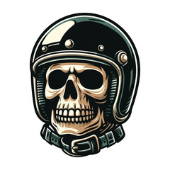 Retro vintage biker racer skull in helmet design vector template illustration. t-shirt design, logo mascot emblem isolated on white background