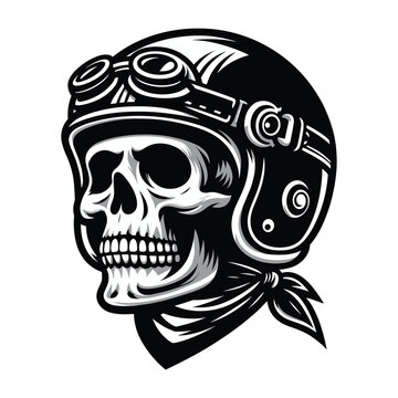 Retro vintage biker racer skull in helmet design vector template illustration. t-shirt design, logo mascot emblem isolated on white background