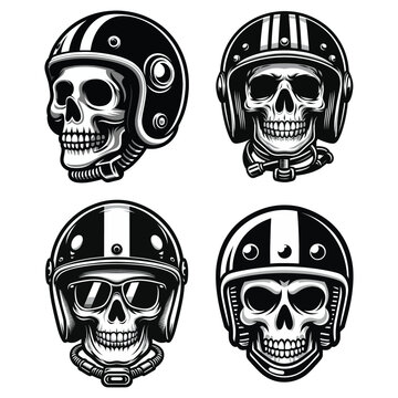 Set of retro vintage biker racer skull in helmet design vector template illustration. t-shirt design, logo mascot emblem isolated on white background