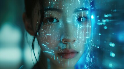 In a futuristic setting, a young woman's face merges with a glowing digital hologram, highlighting the synergy between humanity and technology